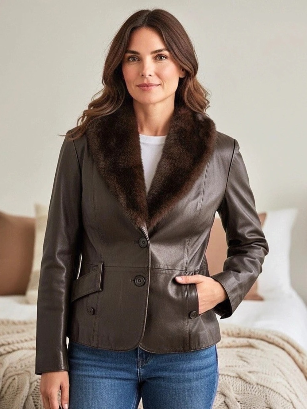 St. John Leather Fur-Collar Jacket Brown XL